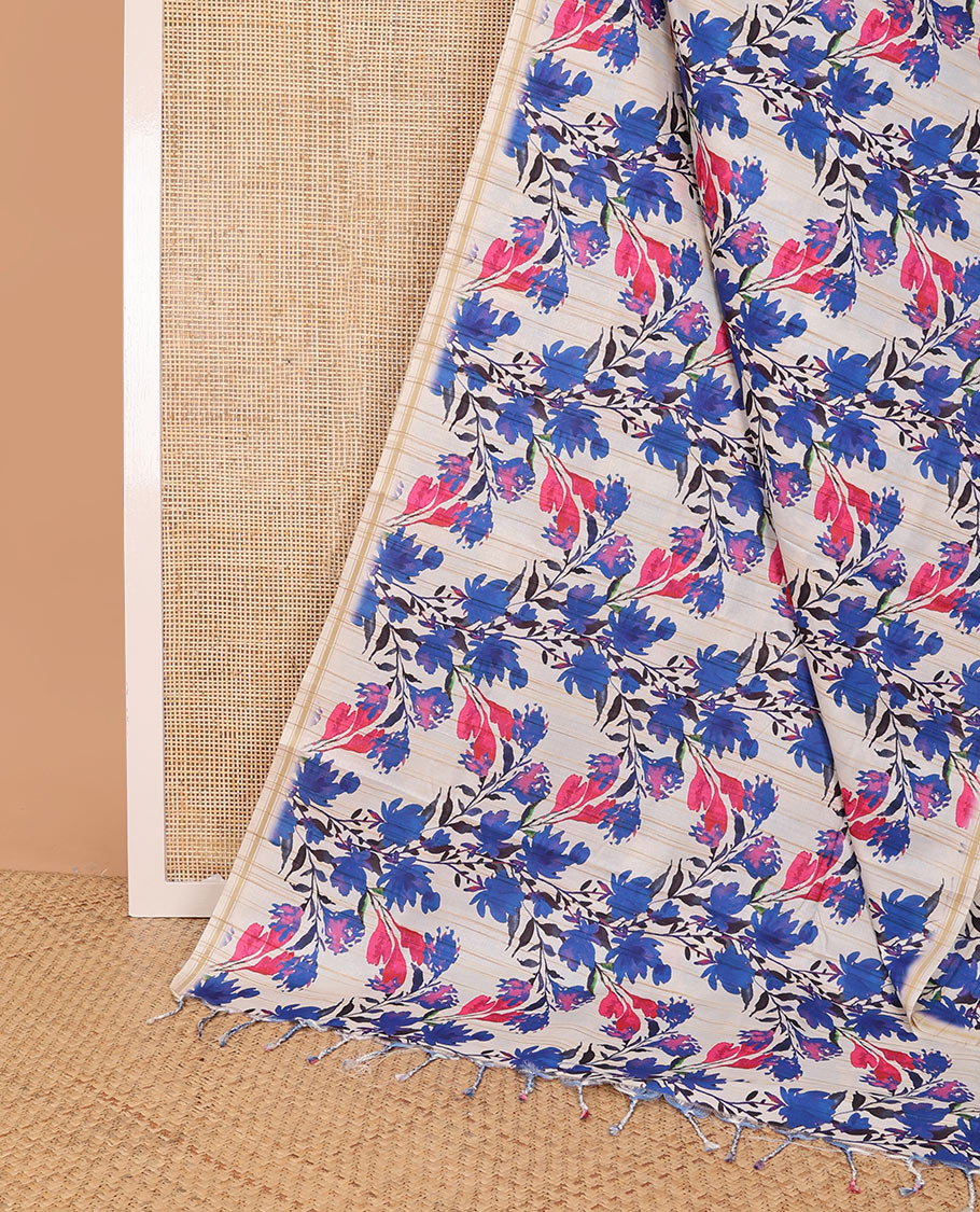 Cream floral print kamala silk saree with self zari border & checked blouse