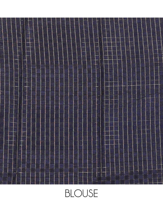 Cream floral print kamala silk saree with self zari border & checked blouse