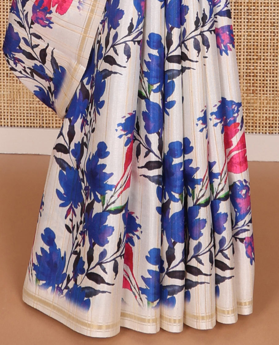 Cream floral print kamala silk saree with self zari border & checked blouse