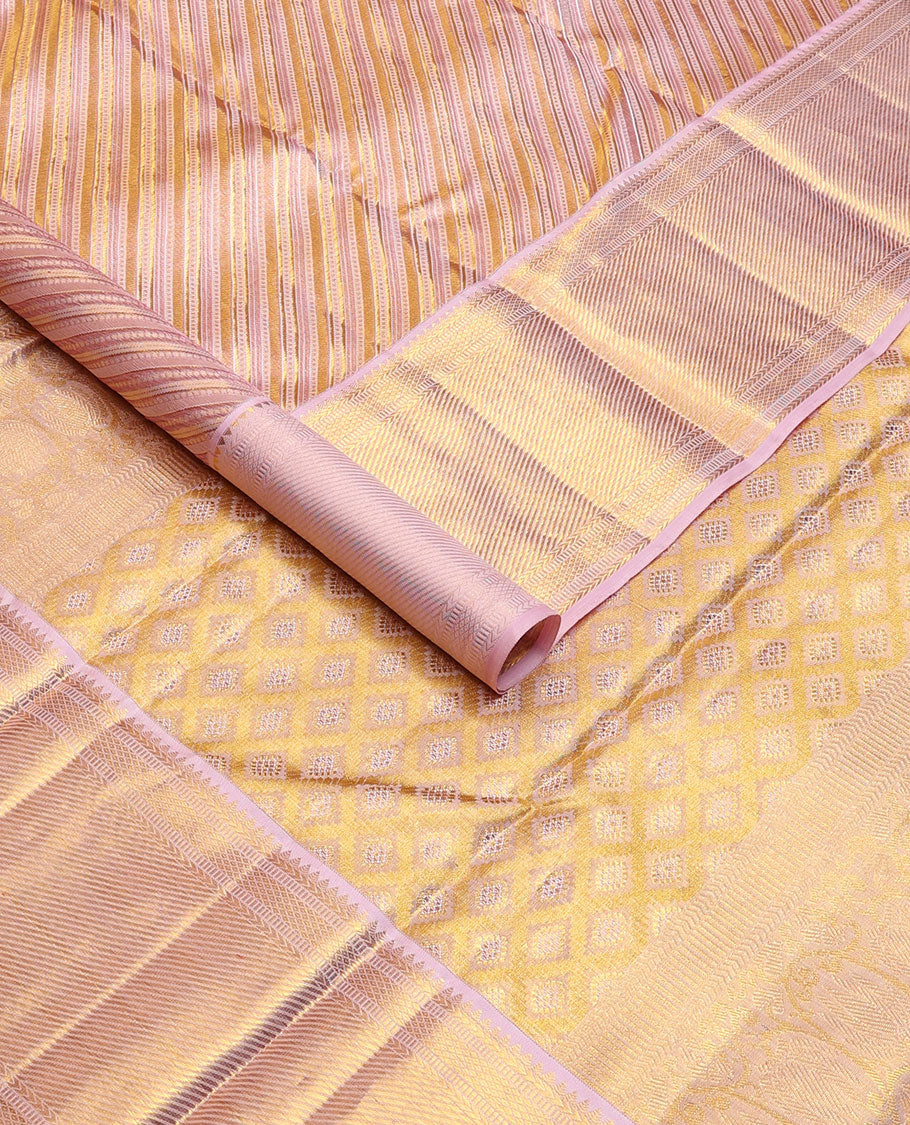 Pink jacquard silk saree, zari border of rekku,kathir,muthu,mayil kann design & zari stripes & pallu of jaal design