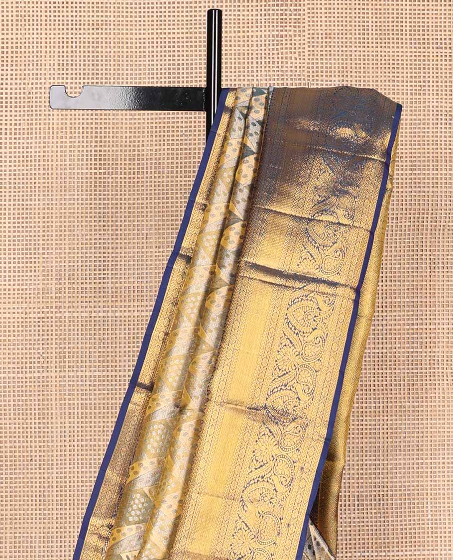 Grey zari jacquard tissue silk saree, contrast jaal pallu & border of thilakam mokku, kathir, kamalam & floral designs
