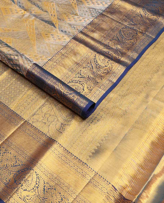 Grey zari jacquard tissue silk saree, contrast jaal pallu & border of thilakam mokku, kathir, kamalam & floral designs