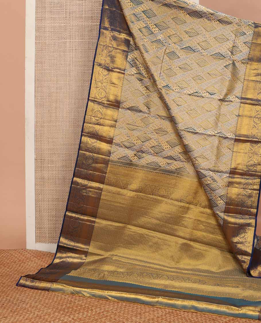 Grey zari jacquard tissue silk saree, contrast jaal pallu & border of thilakam mokku, kathir, kamalam & floral designs