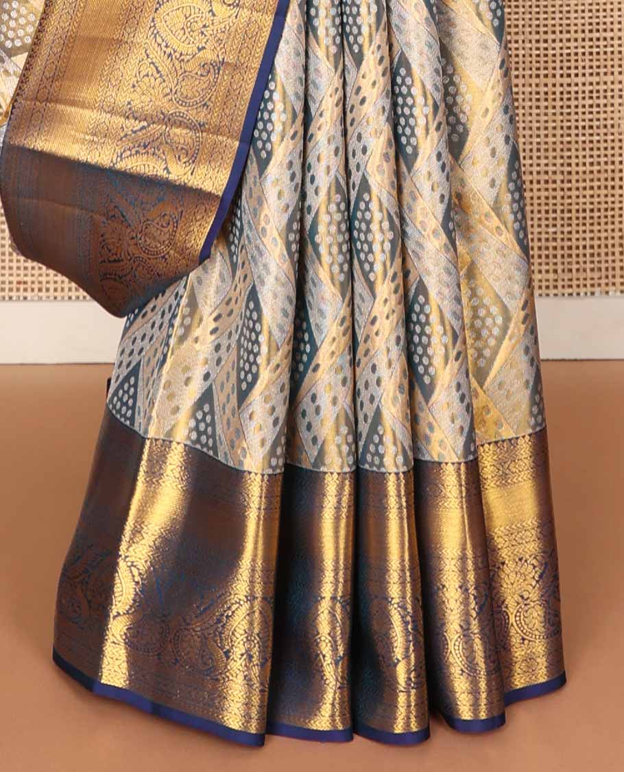 Grey zari jacquard tissue silk saree, contrast jaal pallu & border of thilakam mokku, kathir, kamalam & floral designs