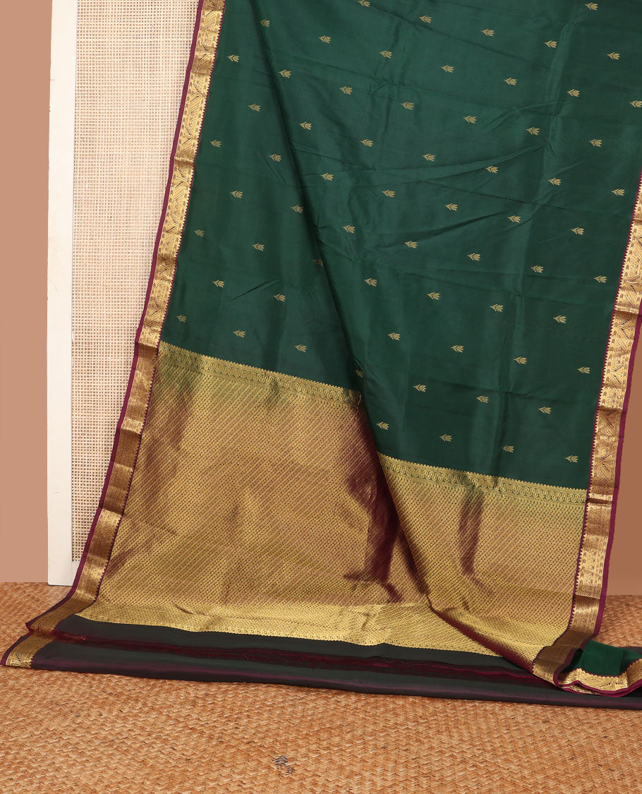 Green zari buttas Kanchipuram silk saree, contrast geometric design border & pallu of thick zari diagonal stripes & floral designs