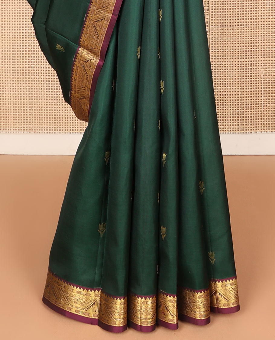 Green zari buttas Kanchipuram silk saree, contrast geometric design border & pallu of thick zari diagonal stripes & floral designs