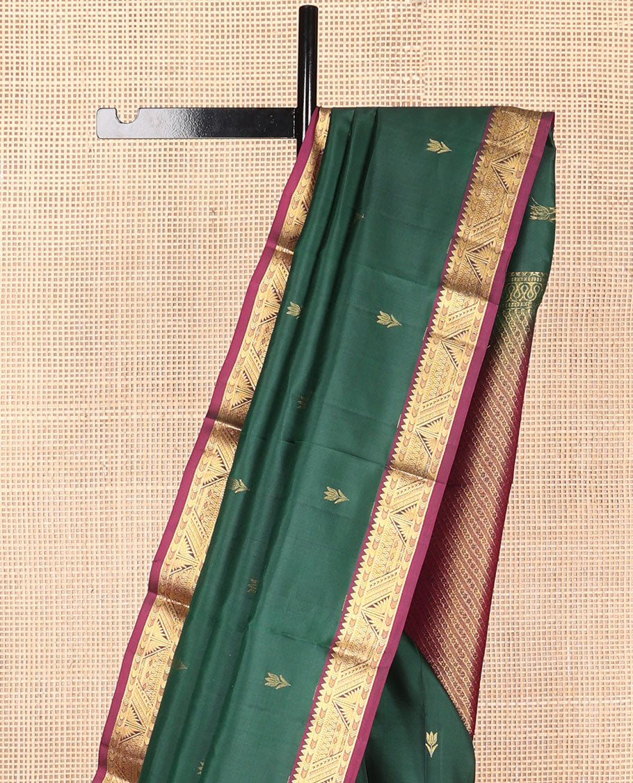 Green zari buttas Kanchipuram silk saree, contrast geometric design border & pallu of thick zari diagonal stripes & floral designs