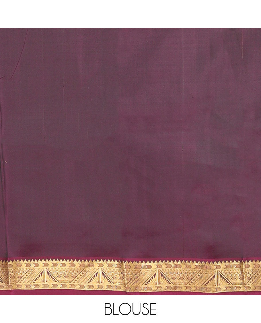 Green zari buttas Kanchipuram silk saree, contrast geometric design border & pallu of thick zari diagonal stripes & floral designs