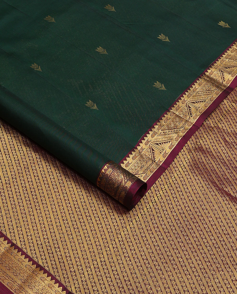 Green zari buttas Kanchipuram silk saree, contrast geometric design border & pallu of thick zari diagonal stripes & floral designs