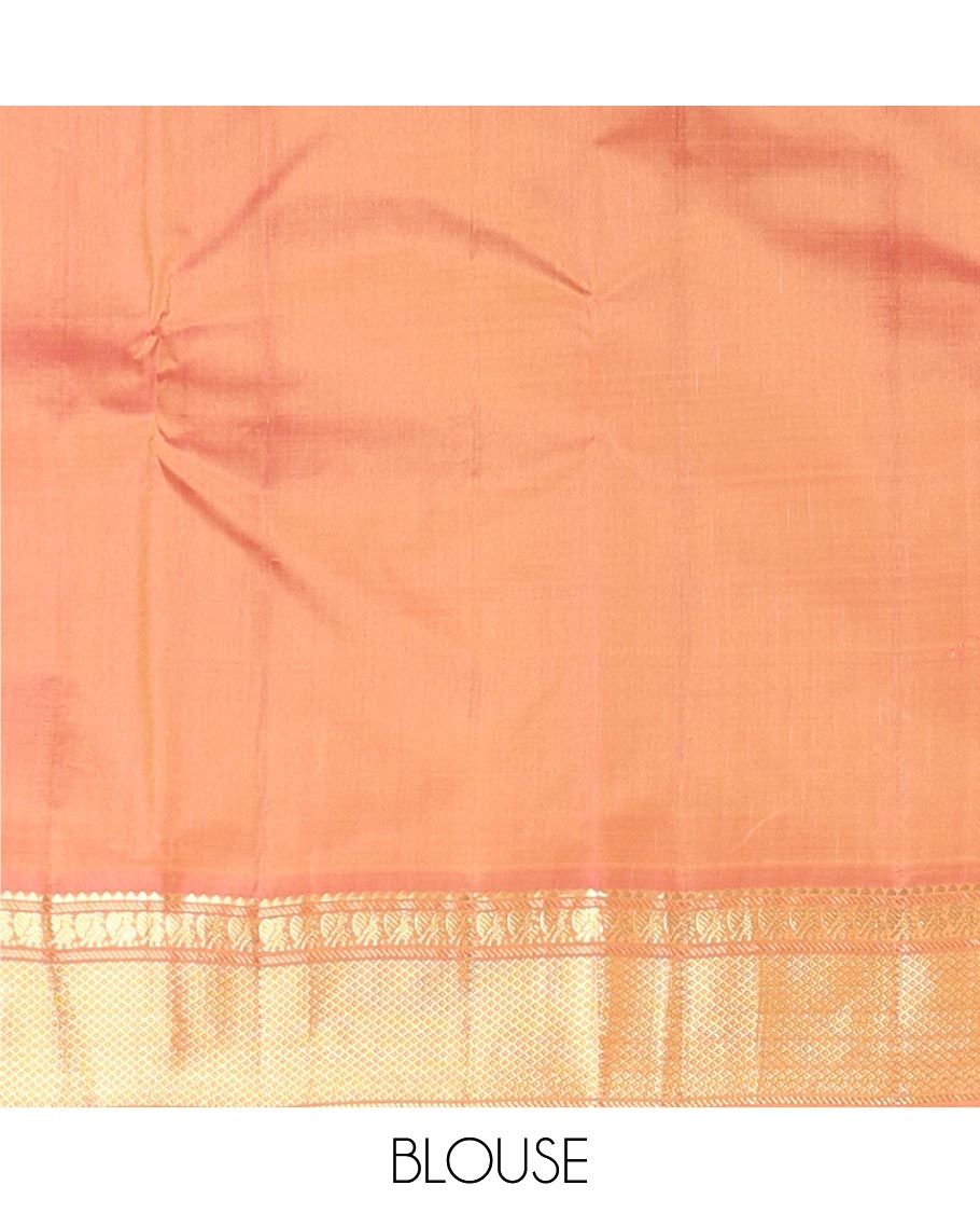 Orange zari buttas silk saree, contrast border of rekku,banaras,mayil & mayil kann & zari design pallu