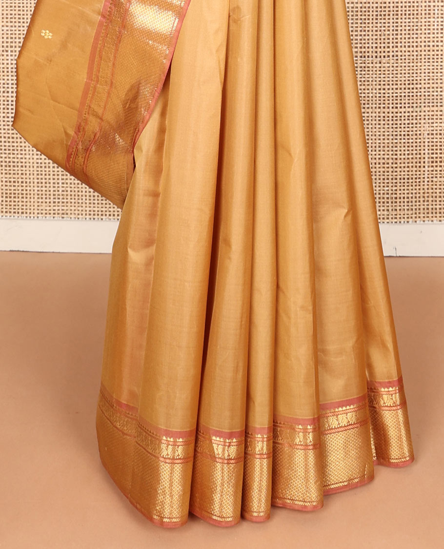 Orange zari buttas silk saree, contrast border of rekku,banaras,mayil & mayil kann & zari design pallu