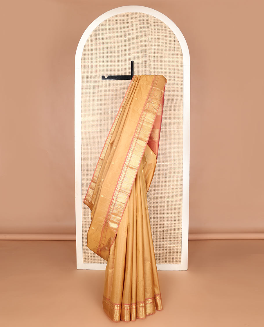 Orange zari buttas silk saree, contrast border of rekku,banaras,mayil & mayil kann & zari design pallu