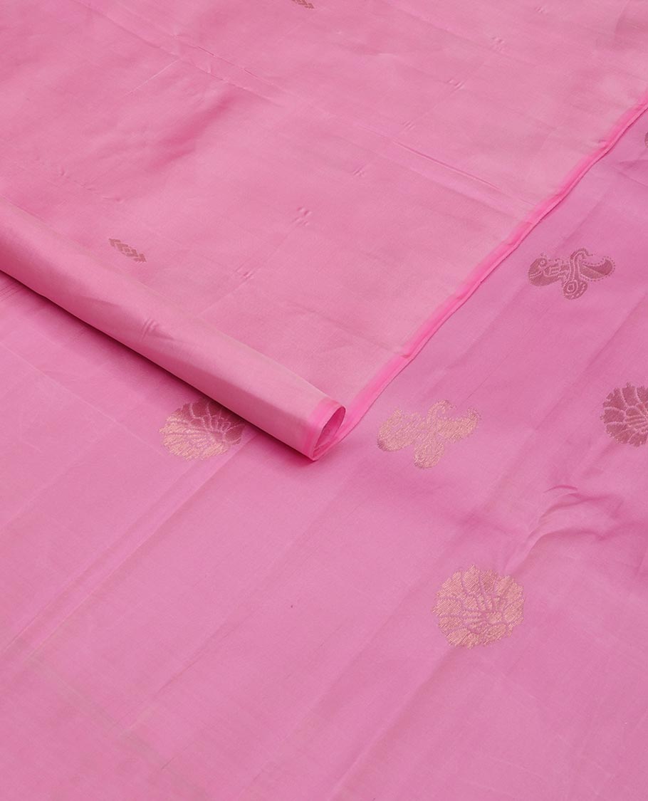 Borderless pink zari buttas, and paisleys Kanchipuram silk saree, self-pallu of zari designs