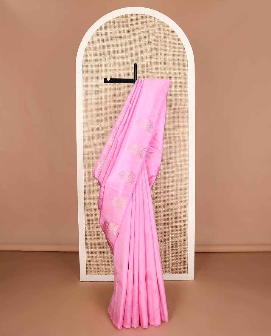 Borderless pink zari buttas, and paisleys Kanchipuram silk saree, self-pallu of zari designs