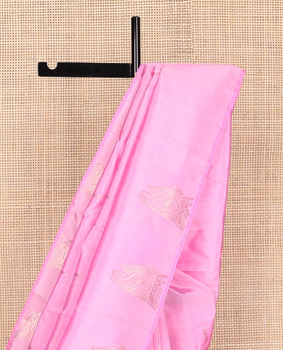 Borderless pink zari buttas, and paisleys Kanchipuram silk saree, self-pallu of zari designs