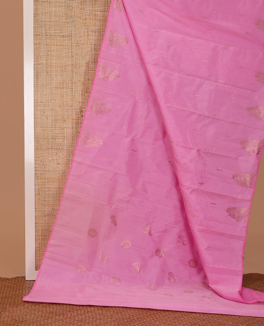 Borderless pink zari buttas, and paisleys Kanchipuram silk saree, self-pallu of zari designs