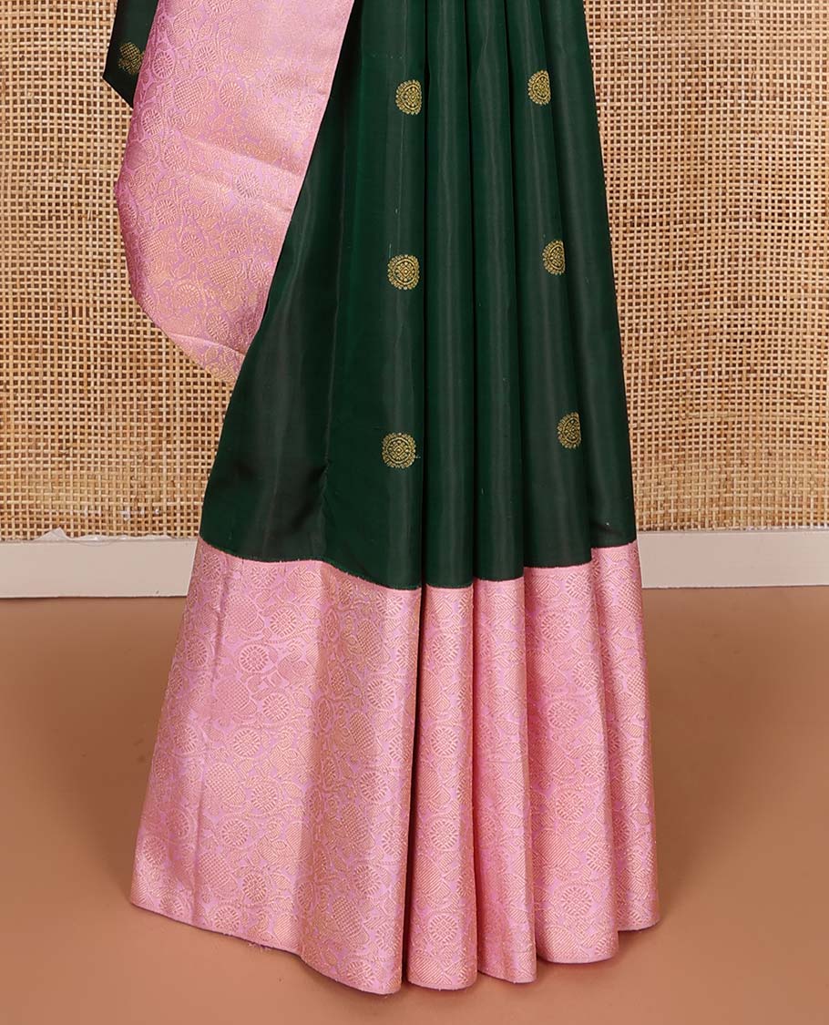 Green annam chakram buttas Kanchipuram silks saree, contrast korvai annam chakram kodi visry border, and intricate pallu
