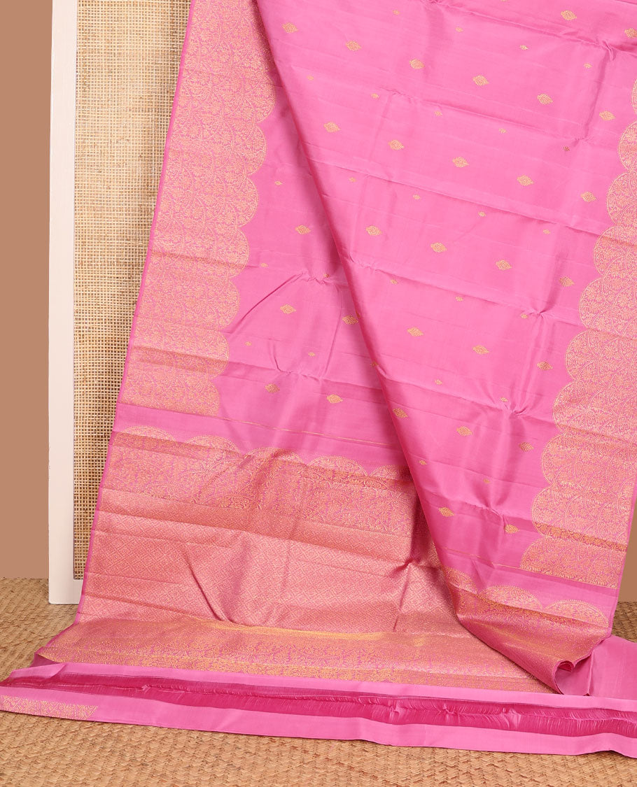 Pink zari buttas Kanchipuram silk saree, scallop floral design zari border, and pallu of zari-rich jaal design