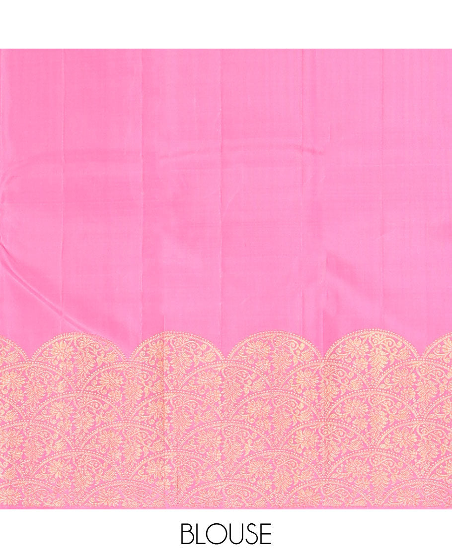 Pink zari buttas Kanchipuram silk saree, scallop floral design zari border, and pallu of zari-rich jaal design