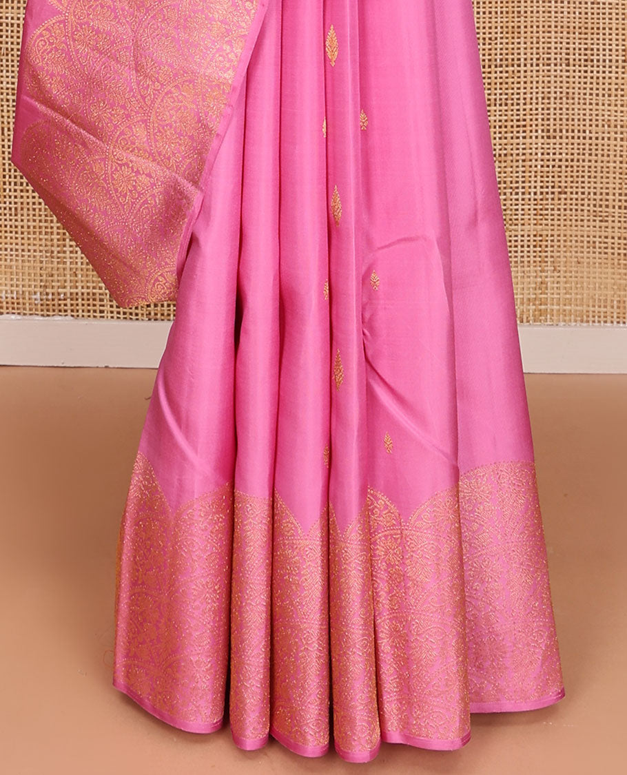 Pink zari buttas Kanchipuram silk saree, scallop floral design zari border, and pallu of zari-rich jaal design