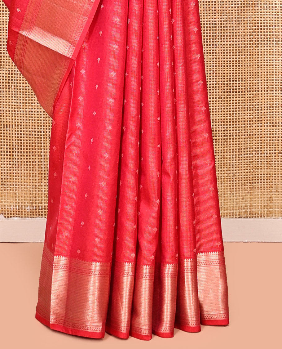 Red Kanchipuram Silk Saree, Decked Up with Zari Buttas, Zari Border of Thilakam and Kathir Designs, Pallu of Jaal Design, and a Matching Blouse