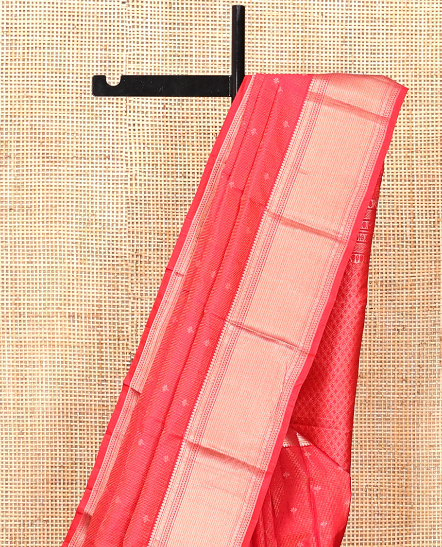 Red Kanchipuram Silk Saree, Decked Up with Zari Buttas, Zari Border of Thilakam and Kathir Designs, Pallu of Jaal Design, and a Matching Blouse