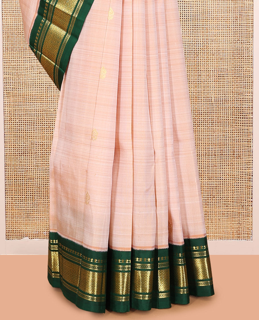 Sandal Zari Buttas Kanchipuram Silk Saree, Complemented by a Contrast Korvai Border of Panner Sombu, Muthu, Banaras, and Mayil Kann Design, Pallu of Zari Design, and No Blouse