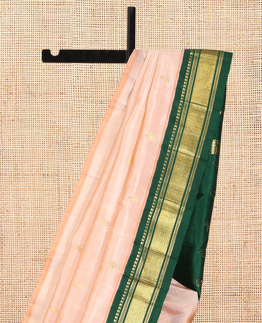 Sandal Zari Buttas Kanchipuram Silk Saree, Complemented by a Contrast Korvai Border of Panner Sombu, Muthu, Banaras, and Mayil Kann Design, Pallu of Zari Design, and No Blouse