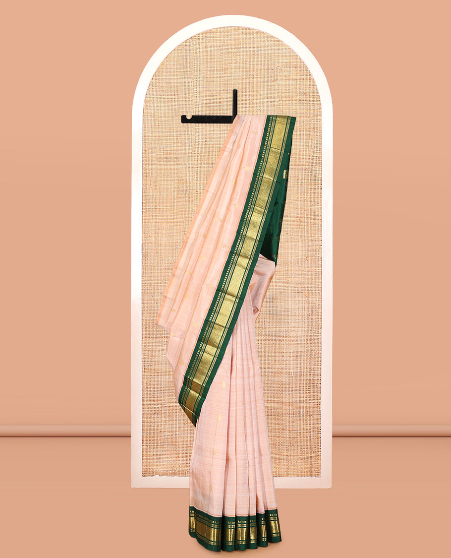 Sandal Zari Buttas Kanchipuram Silk Saree, Complemented by a Contrast Korvai Border of Panner Sombu, Muthu, Banaras, and Mayil Kann Design, Pallu of Zari Design, and No Blouse