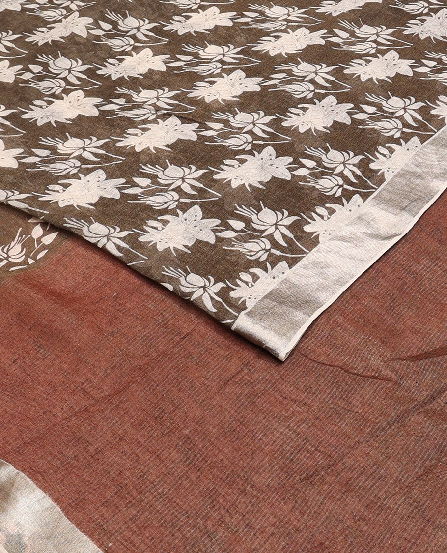 Brown floral motifs printed linen saree, zari border & pallu of stripes