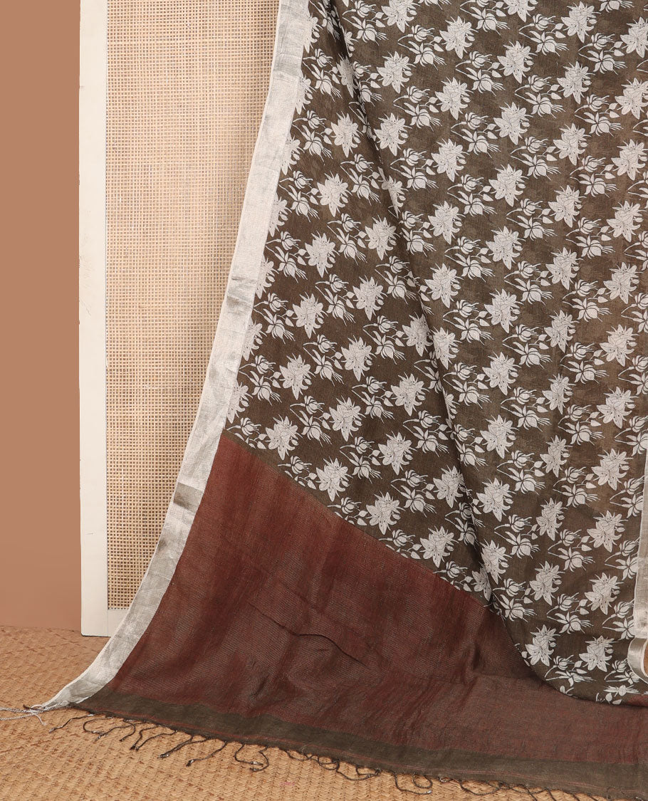 Brown floral motifs printed linen saree, zari border & pallu of stripes