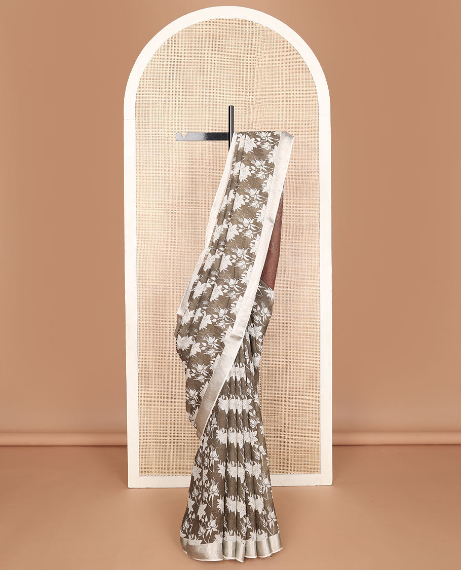 Brown floral motifs printed linen saree, zari border & pallu of stripes