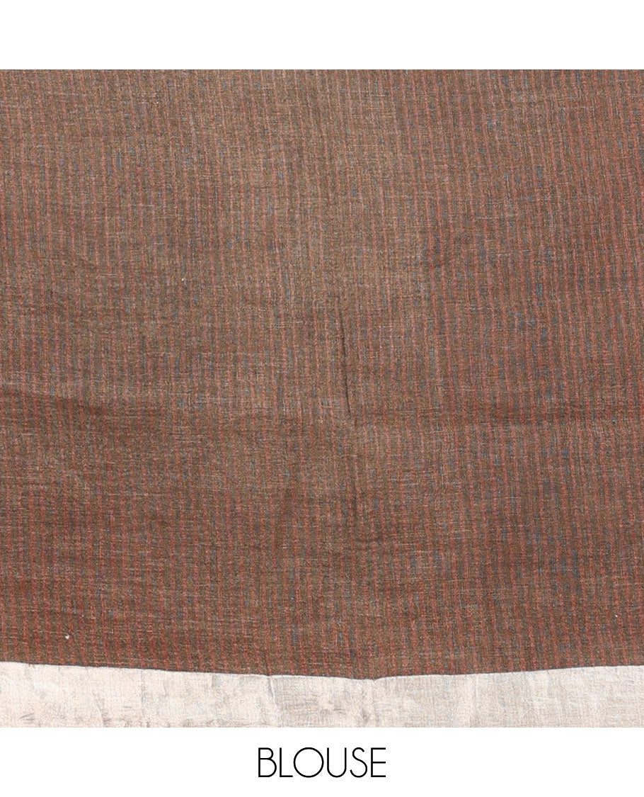 Brown floral motifs printed linen saree, zari border & pallu of stripes