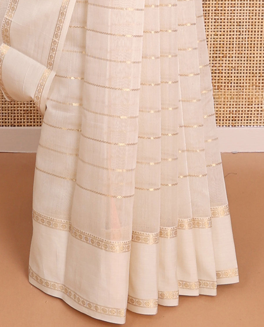 White striped maheshwari cotton saree with self zari design border & checked pallu