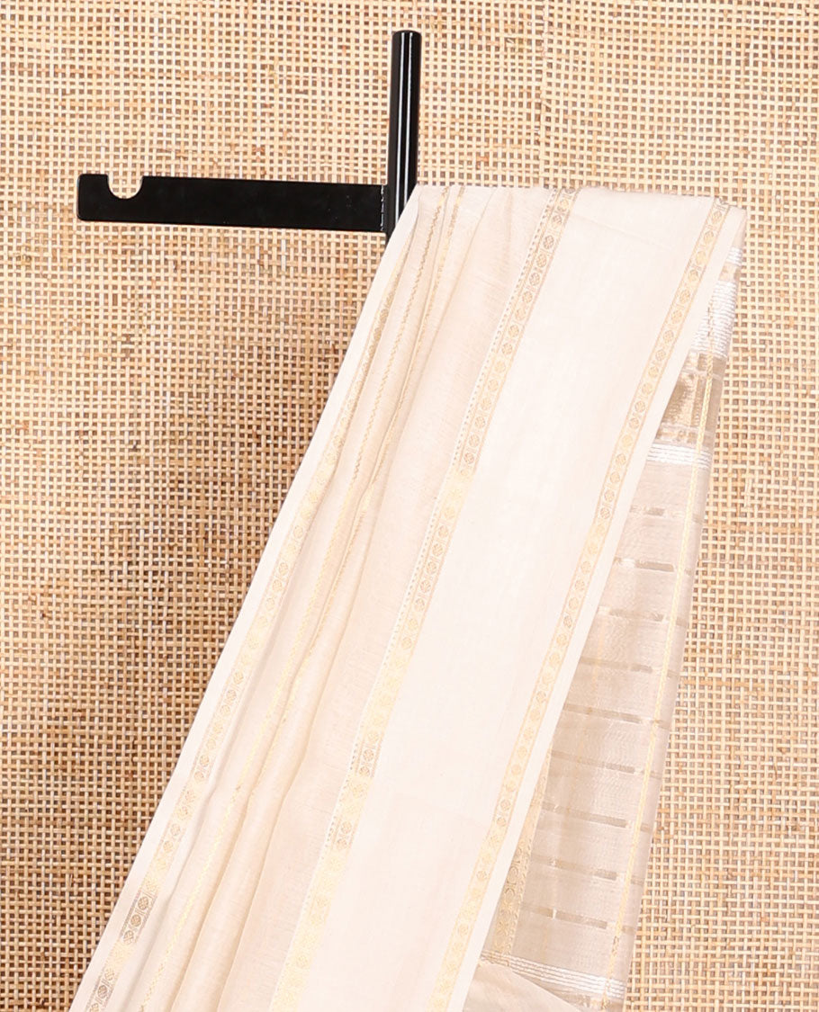 White striped maheshwari cotton saree with self zari design border & checked pallu