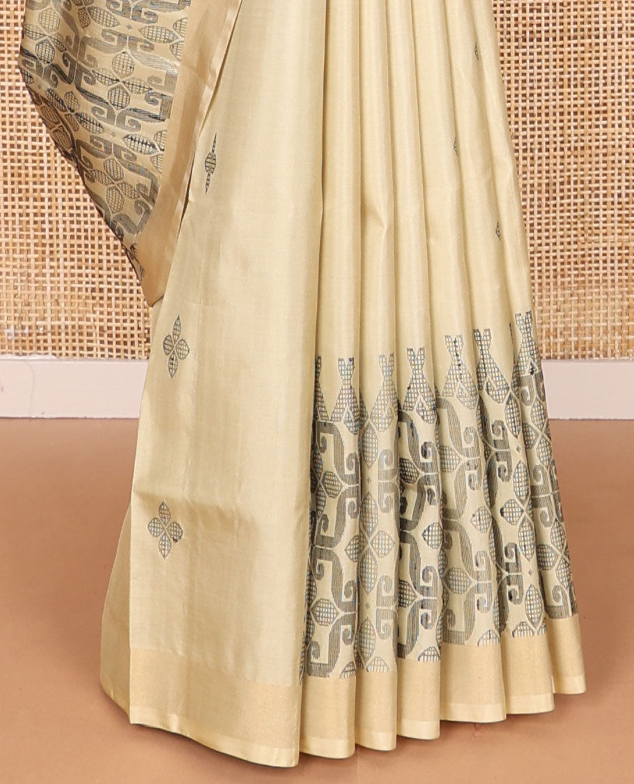 Cream buttas mayuri soft silk saree with self floral design border & floral jaal design pallu