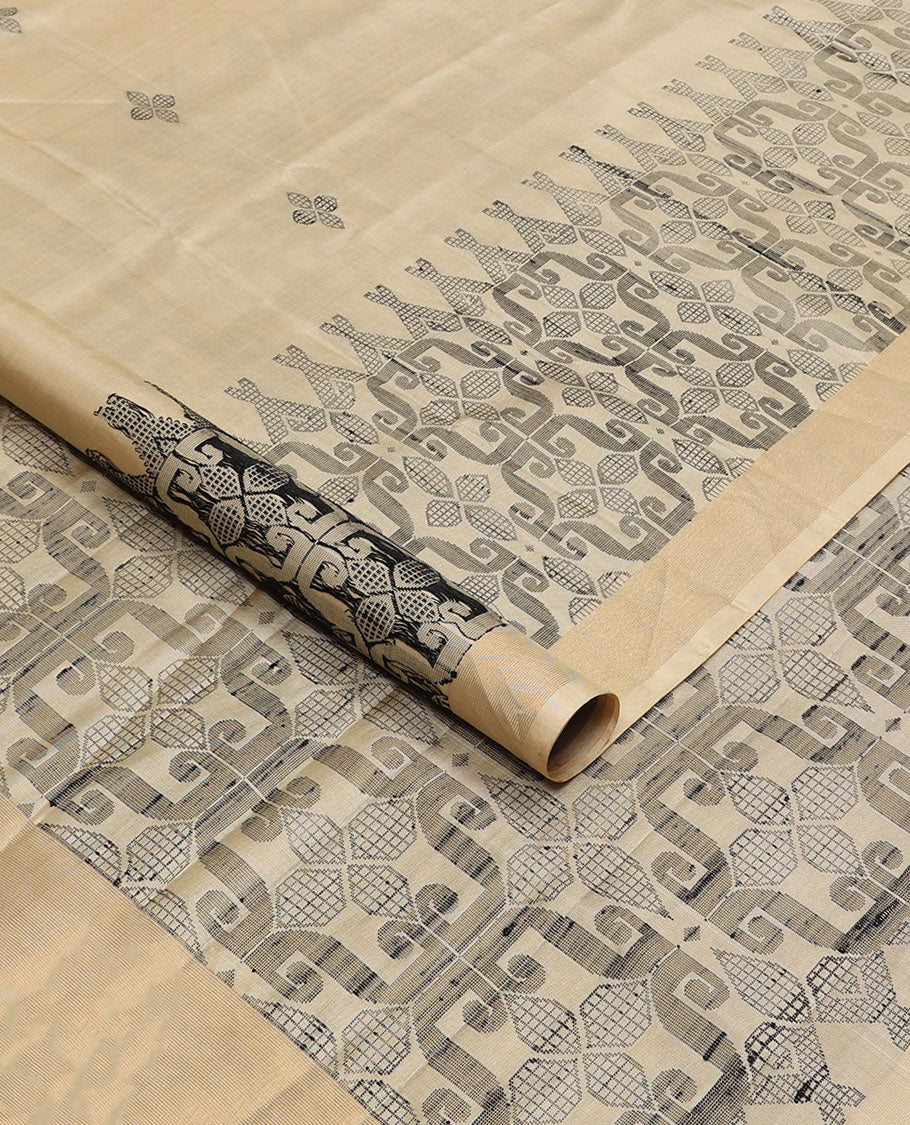 Cream buttas mayuri soft silk saree with self floral design border & floral jaal design pallu