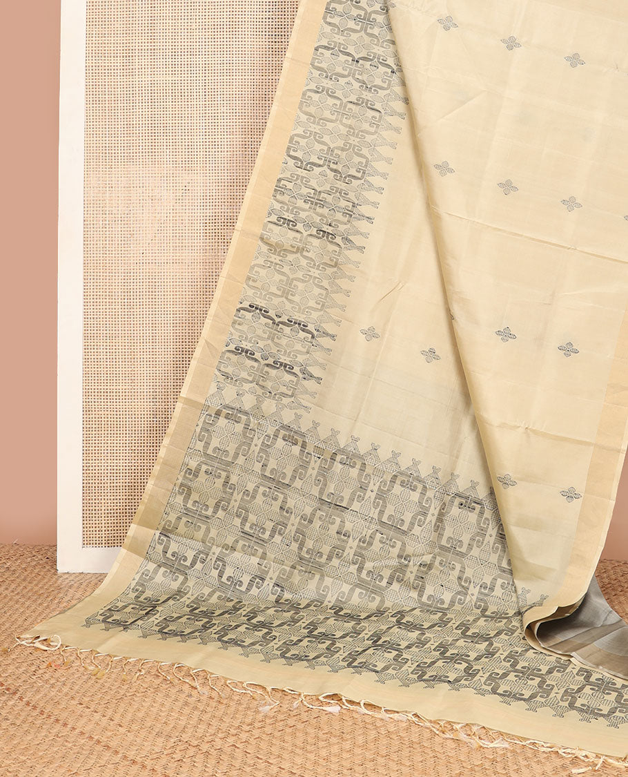 Cream buttas mayuri soft silk saree with self floral design border & floral jaal design pallu