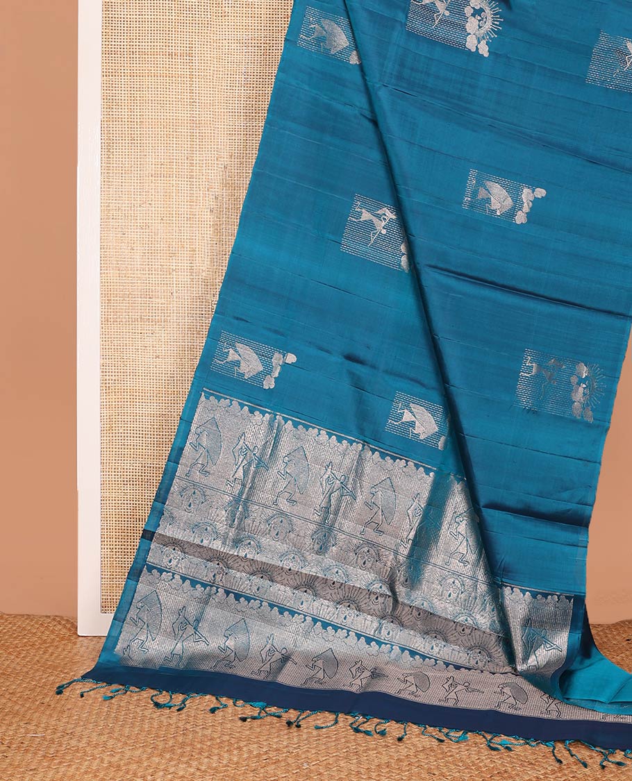 Borderless blue warli buttas soft silk saree, pallu of warli characters zari weave