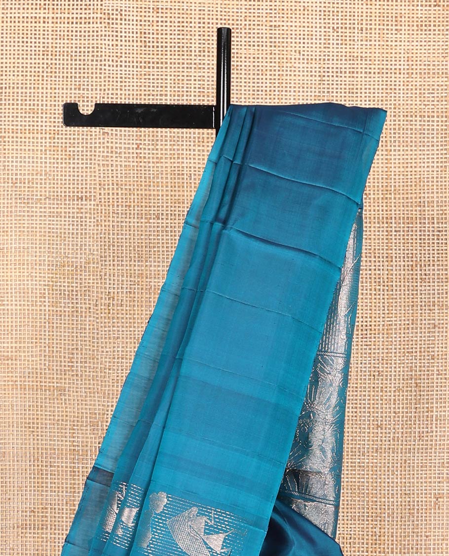 Borderless blue warli buttas soft silk saree, pallu of warli characters zari weave