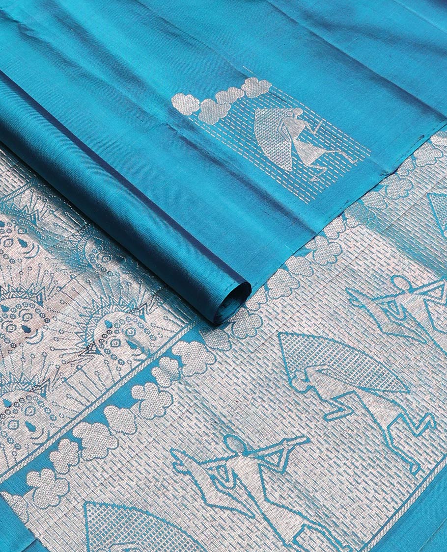 Borderless blue warli buttas soft silk saree, pallu of warli characters zari weave