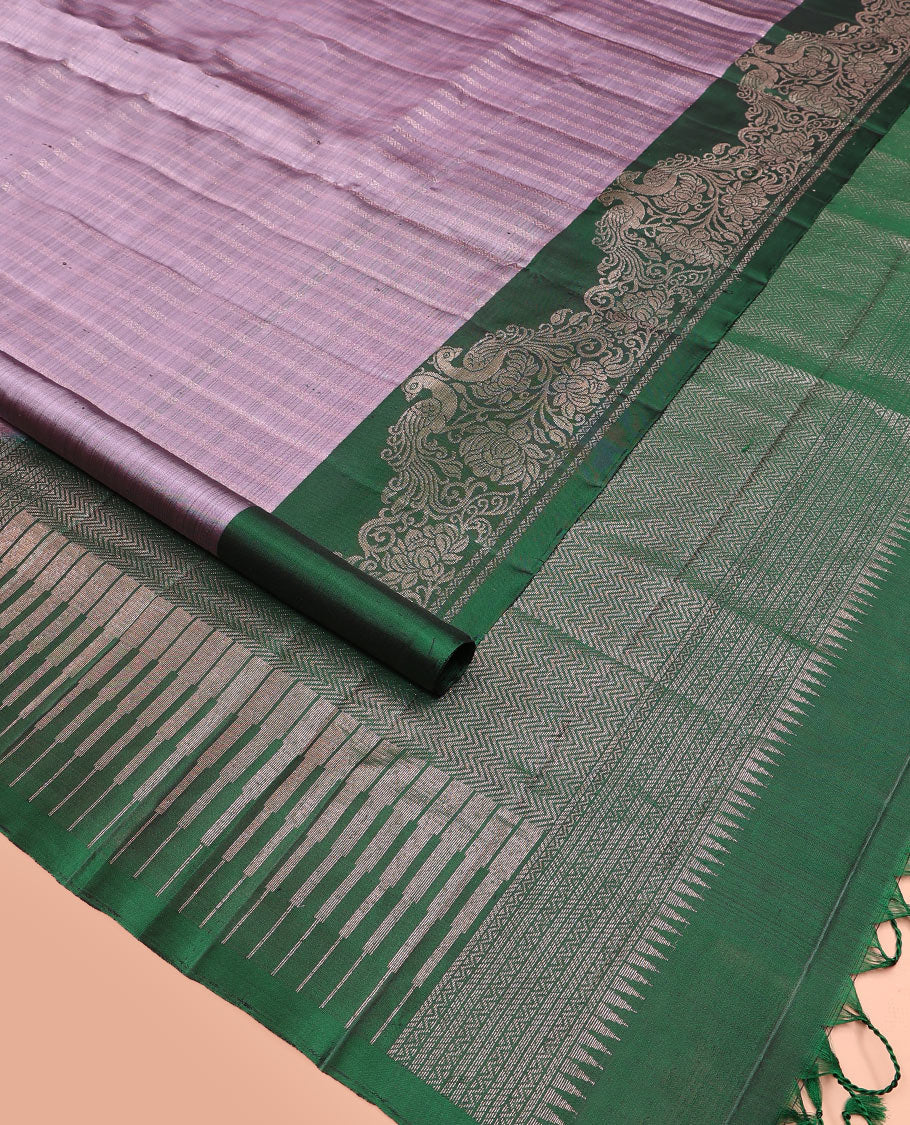 Lavender neli striped soft silk saree, contrast border of neli, and peacock designs, and pallu of vanki, and sepppu rekku designs