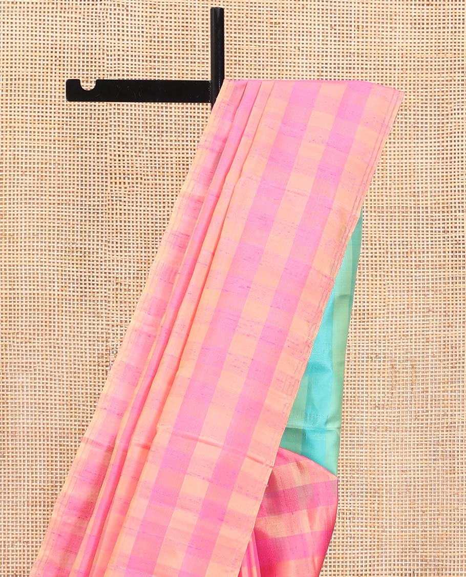 Borderless Pink Mayuri Soft Silk Saree, Adorned with Checked Designs on Its Body, Complemented by a Contrast Striped Pallu, and Paired with a Contrast Blouse