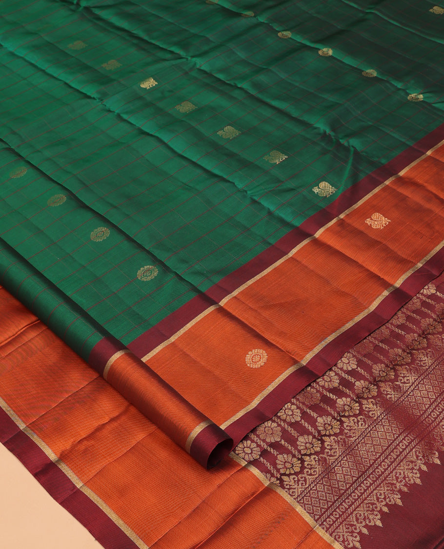 Green Mayuri Lite Silk Mix Saree, Richly Detailed with Mayil-Chakram Buttas and Stripes, Contrast Mayil-Chakram Border, Grand Floral Pallu, and a Contrast Blouse