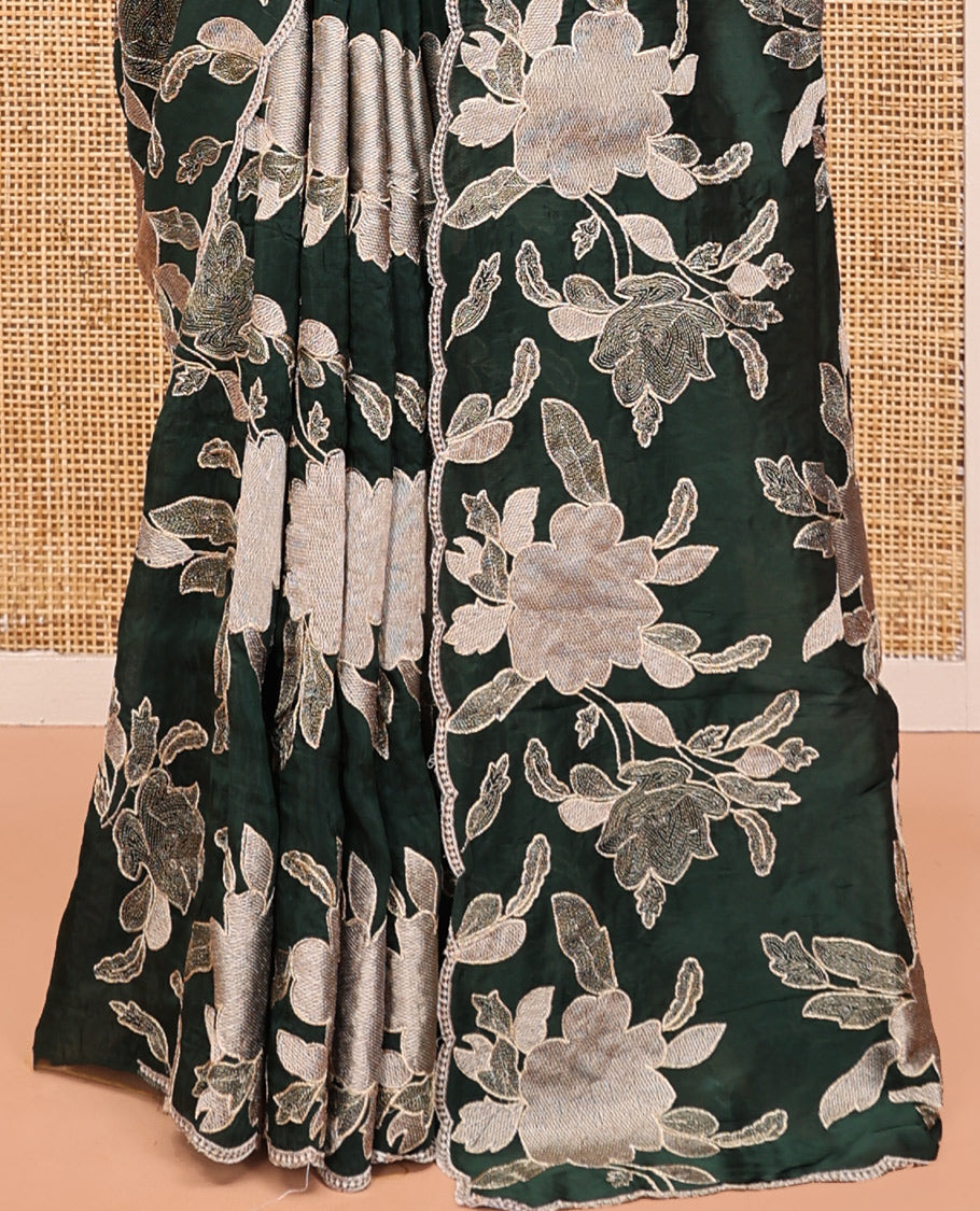 Green Organza Saree, Finely Crafted with Floral Thread Embroidery, Scallop-Embroidered Border, and a Matching Floral Embroidered Blouse