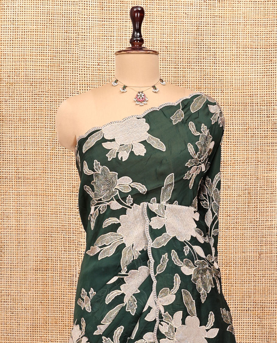 Green Organza Saree, Finely Crafted with Floral Thread Embroidery, Scallop-Embroidered Border, and a Matching Floral Embroidered Blouse
