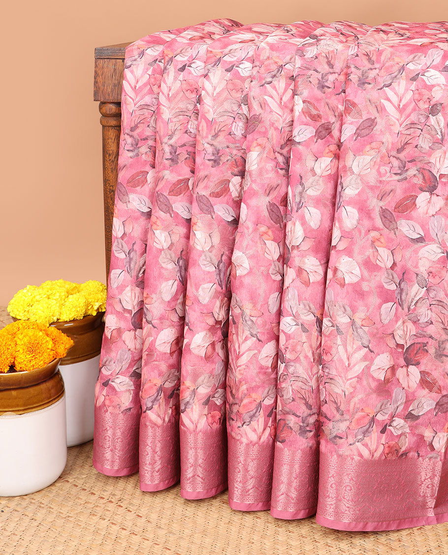 Pink digital floral print with copper zari weaving design semi dupion silk saree , contrast zari jacqaurd border & contrast weaving rich pallu, printed blouse