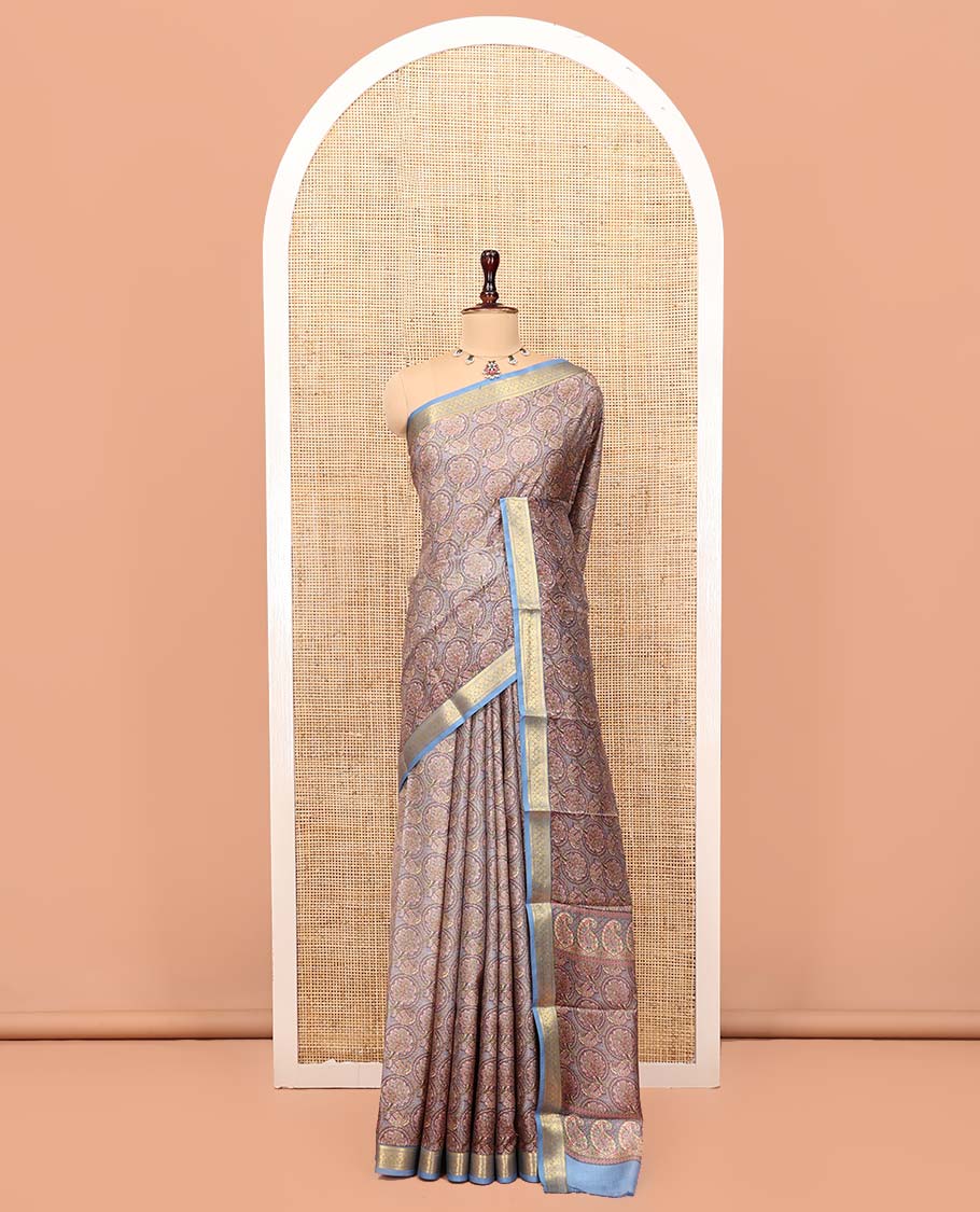 Grey Printed Silk Saree, Accentuated with Floral Jaal Prints, Complemented by a Contrast Traditional Zari Border, Printed Pallu, and a Contrast Blouse