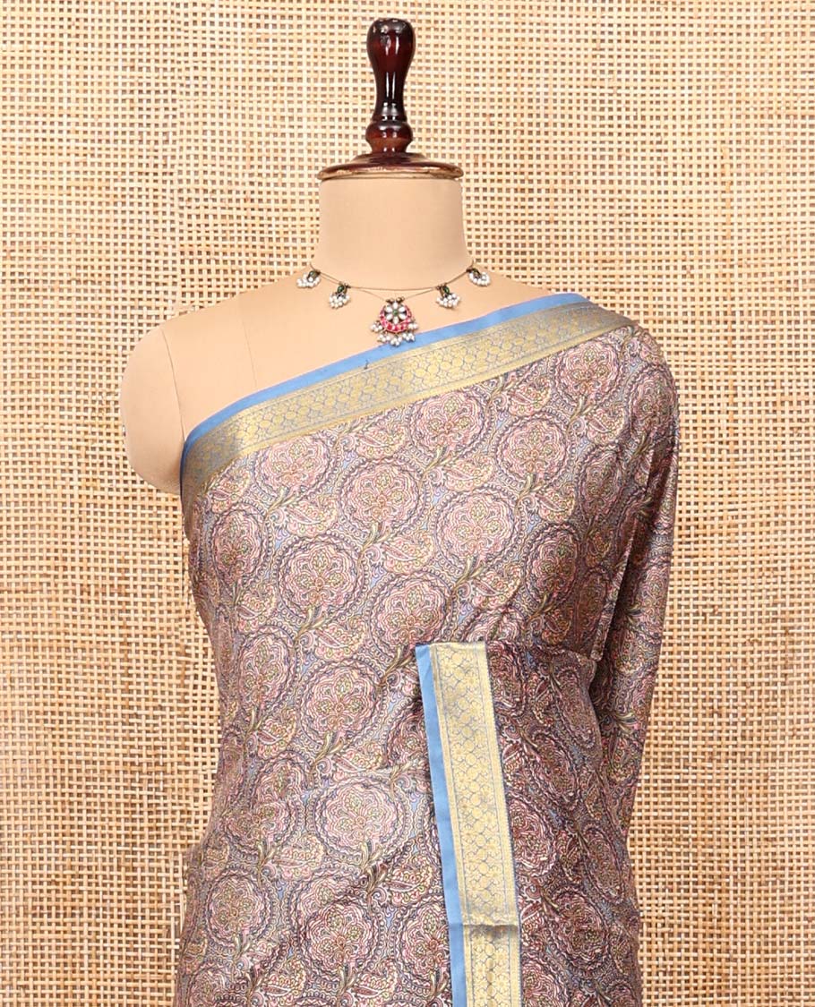 Grey Printed Silk Saree, Accentuated with Floral Jaal Prints, Complemented by a Contrast Traditional Zari Border, Printed Pallu, and a Contrast Blouse