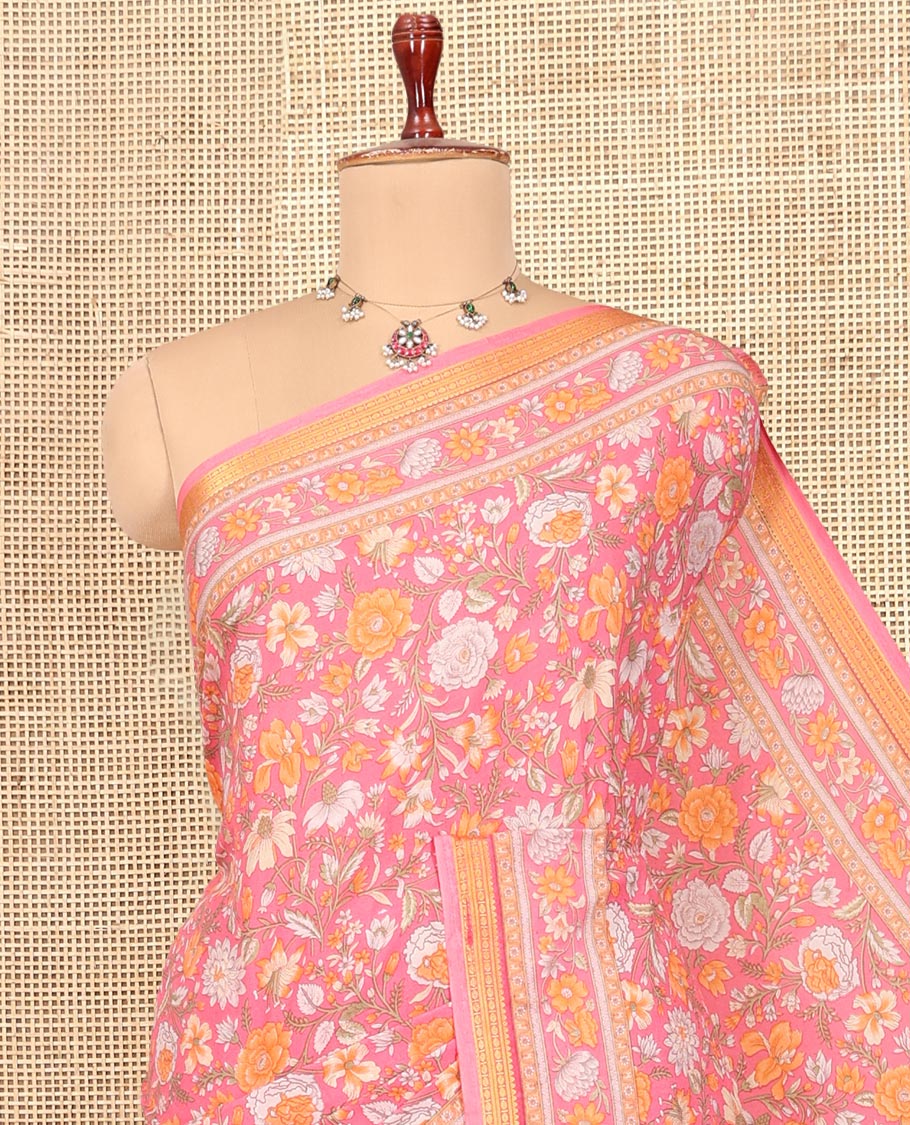 Pink Printed Silk Saree, Accentuated with Floral Vine Print, a Traditional Zari Border, Floral Pallu, and a Matching Blouse